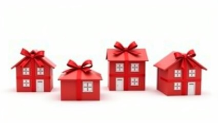 Four red houses with gift bows representing real estate opportunities