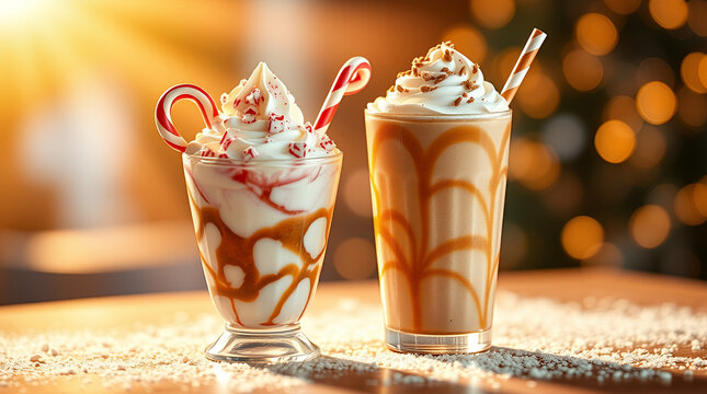 Two tall glasses of creamy drinks, one with a candy cane, topped with whipped cream. A caramel swirl design
