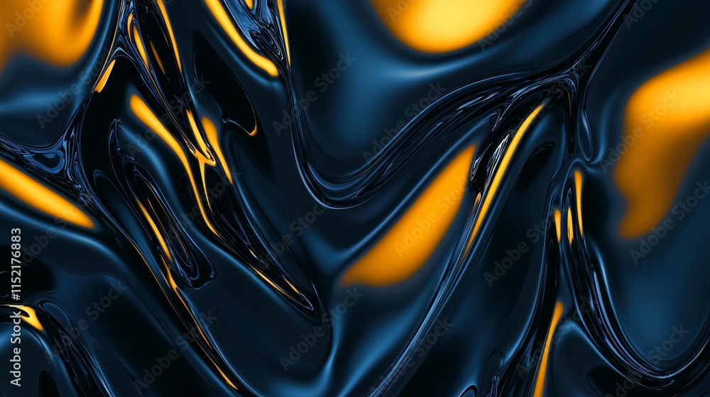 Poster golden and blue metallic liquid waving and creating an abstract background with reflections and high