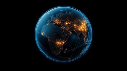 Global Network Illumination - World map, digital globe, network connections, city lights, global communication.