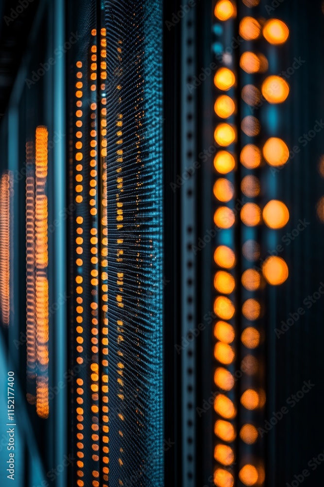 Poster network servers in data center, rows of network servers with lights, blurred server background
