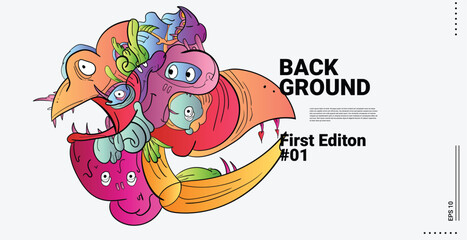 Design Abstract Doodle Art Object Landing Page Concept Red Background. Face or Bird character with funny faces. Smiling monsters, monsters with big eyes and teeth, cute illustration