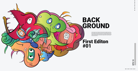 Design Abstract Doodle Art Object Landing Page Concept Red Background. Face or Bird character with funny faces. Smiling monsters, monsters with big eyes and teeth, cute illustration