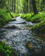 Serene forest stream flowing over mossy rocks.