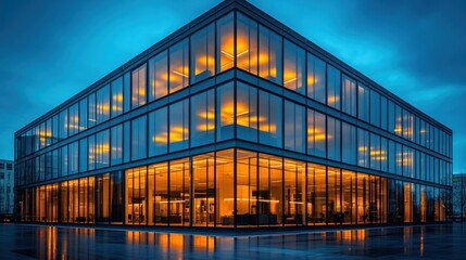 Modern building with glass facade, lights, and reflections at dusk.