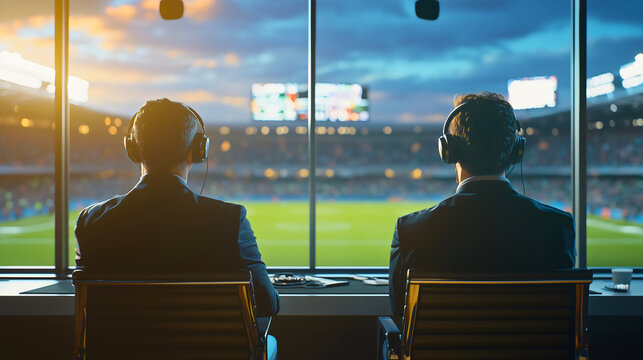 A sports announcer duo wearing headsets, seated at a commentary booth with a stadium visible in the background through the window. - Powered by Adobe