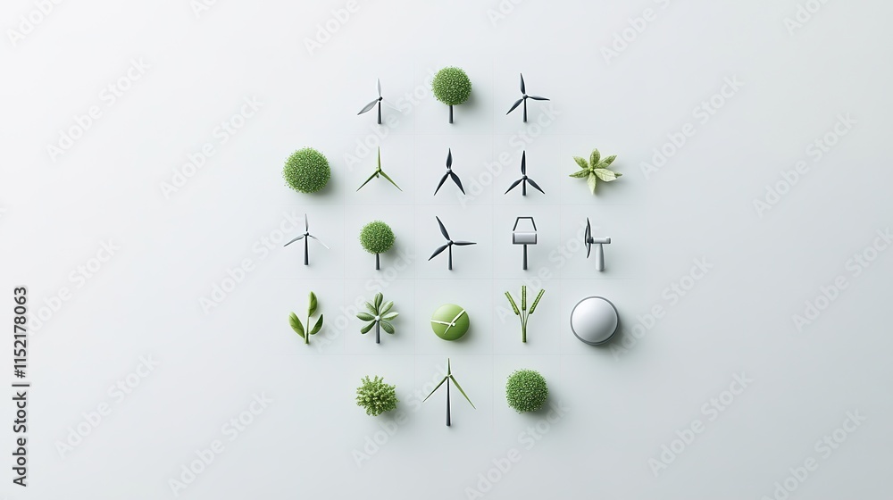 Poster clean conceptual representation of renewable energy icons forming minimalistic circular grid display