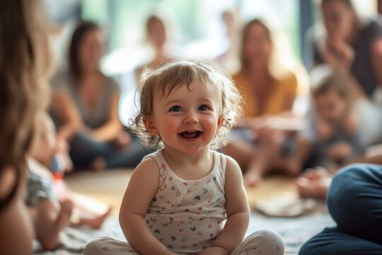 Happy Baby Smiles Amidst Blurred Adults