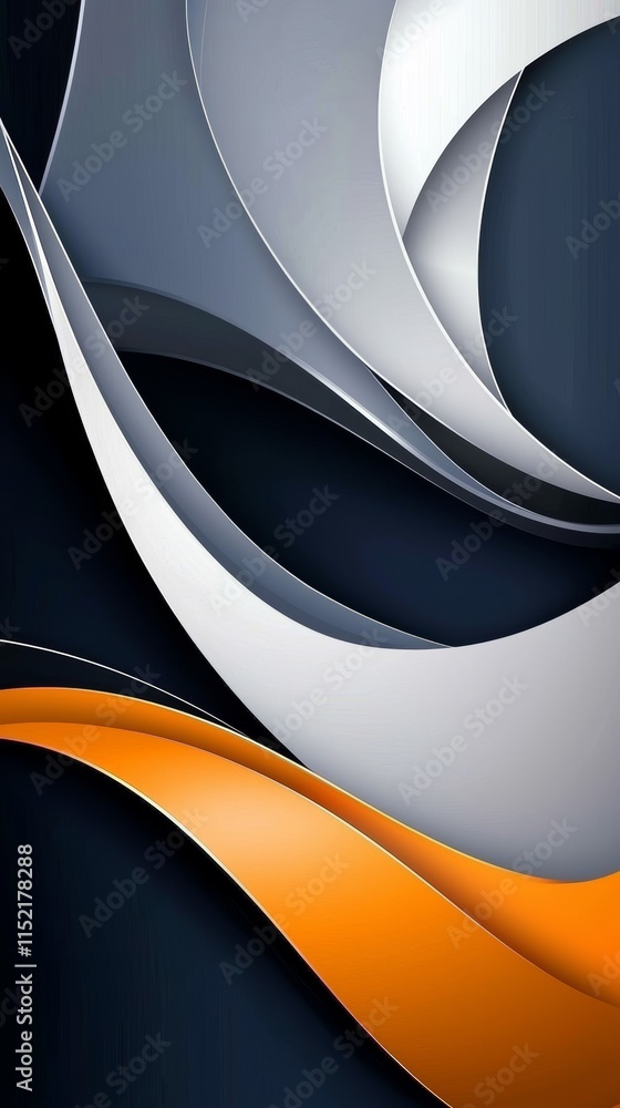 Poster orange and grey wavy shapes are overlapping on dark background, creating a modern and abstract compo