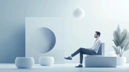 Fototapeta premium A serene environment featuring a man sitting calmly amidst modern geometric shapes and soft lighting.