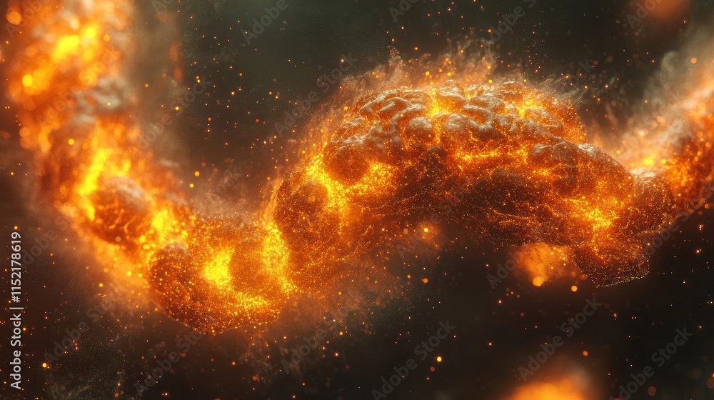 Poster fiery abstract brain structure swirling in dark space.