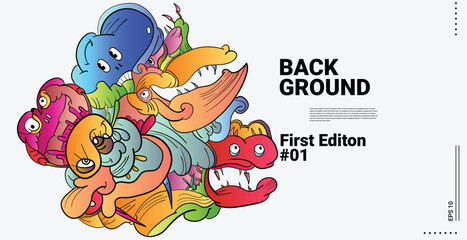 Design Abstract Doodle Art Object Landing Page Concept Red Background. Face or Bird character with funny faces. Smiling monsters, monsters with big eyes and teeth, cute illustration