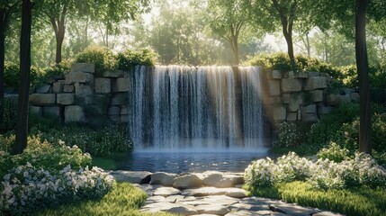 Sunlit waterfall cascading over stone wall in lush green forest.