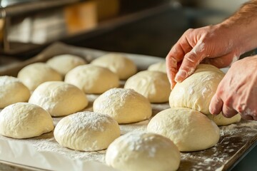 Fototapeta premium Baker hands shaping dough balls for baking bread