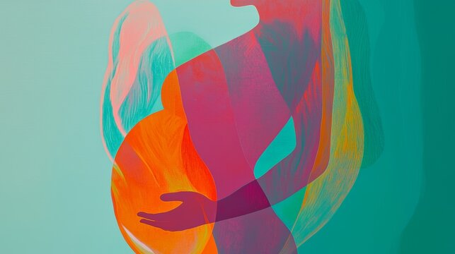 Pregnant woman holding her belly with care and love, surrounded by teal, orange, pink, and purple overlaying shapes, conveying a sense of anticipation and joy