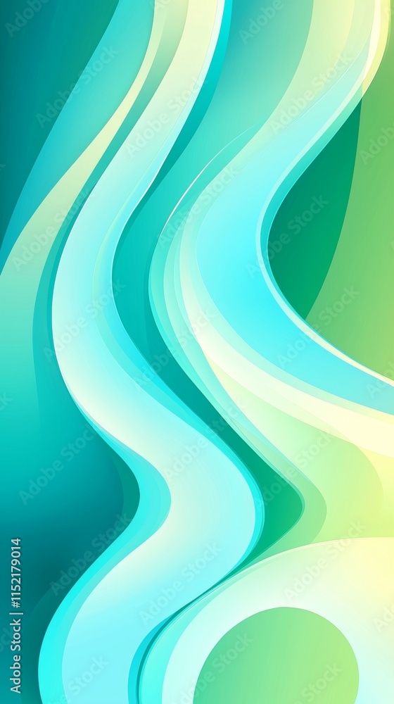 Poster smooth, undulating lines in shades of turquoise and green create a dynamic and visually appealing ab