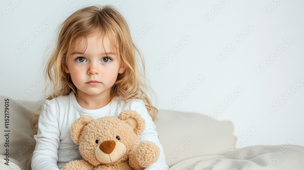 Wall mural A small girl wearing white sits on a bed holding her teddy bear, looking pensive, in a setting of calm and comfort with natural lighting.