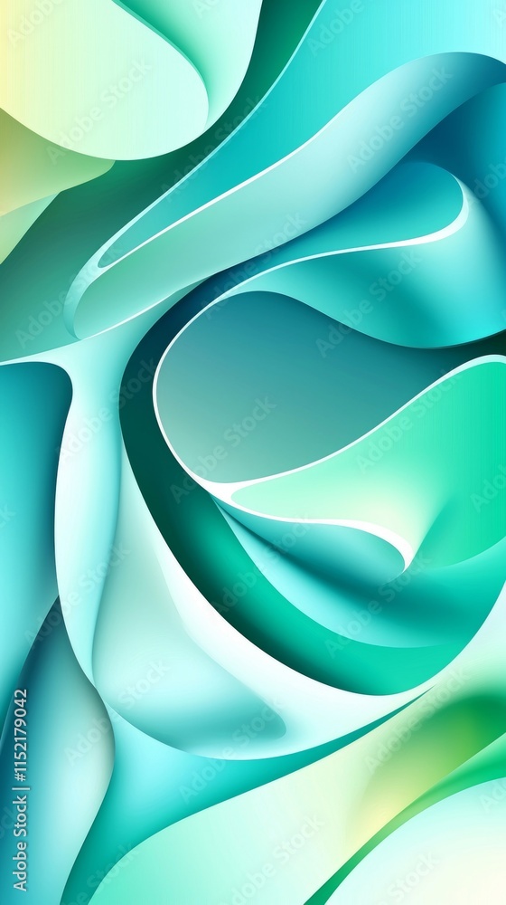 Poster smooth curves and swirling shapes in shades of turquoise and green create a dynamic and flowing abst