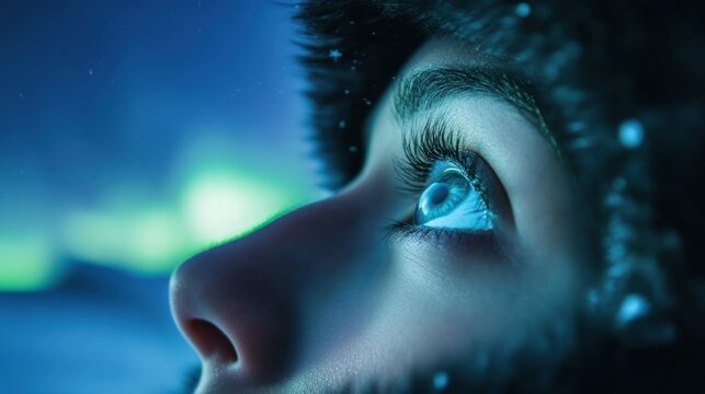A close-up of a person's eye gazing upwards, surrounded by snow and auroras.