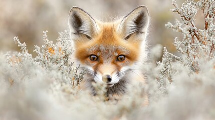 Fototapeta premium A close-up of a red fox peering through soft, muted vegetation in a natural setting.