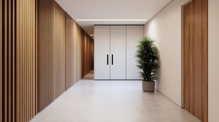 Architectural photography of a modern minimalist office corridor with elegant ambiance