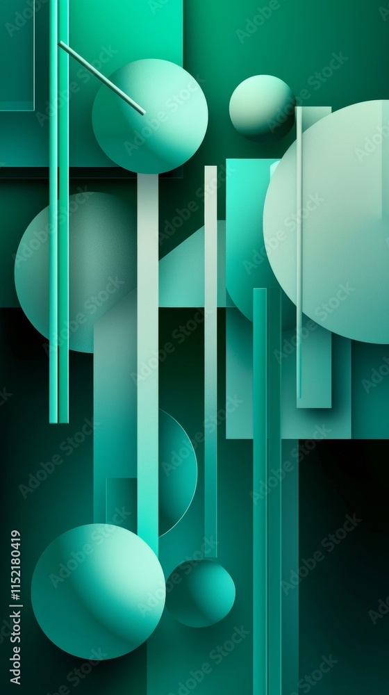 Poster Green gradient geometric shapes and spheres are creating a modern and abstract composition, ideal for backgrounds and graphic design projects