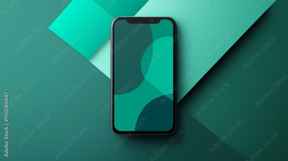 Poster modern smartphone displaying an abstract green shapes wallpaper placed on a textured green backgroun