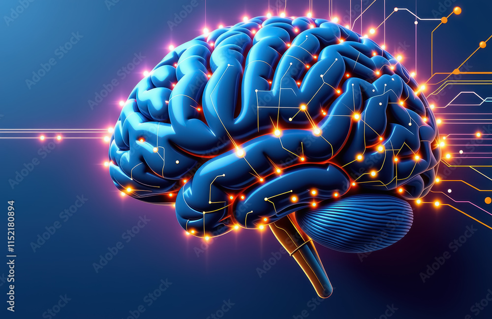 Poster futuristic digital brain with neural connections and data flow