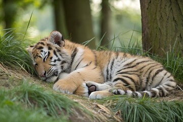 A majestic Siberian tiger rests on a sturdy tree trunk, its striking orange coat with black stripes blending into the natural surroundings, exuding grace and strength.