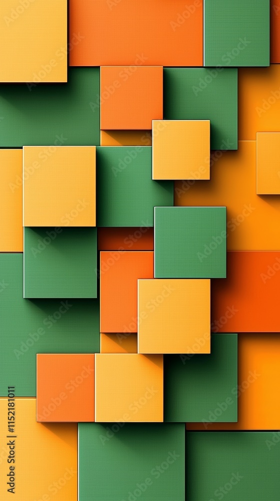 Poster geometric composition with overlapping squares in shades of green and orange, forming an abstract pa