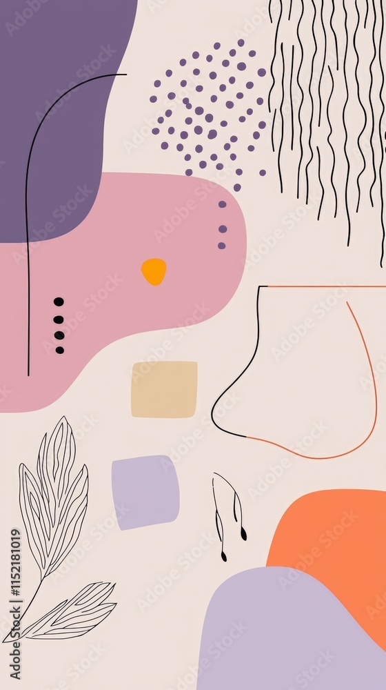 Poster modern and artistic composition featuring an array of abstract shapes, flowing lines, and organic el