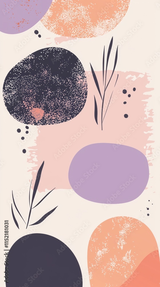 Poster pastel-colored abstract shapes and delicate leaves combine in a modern and artistic composition, cre