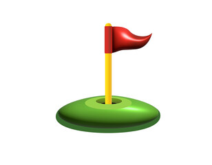  3D red triangular golf flag and hole icon with green field