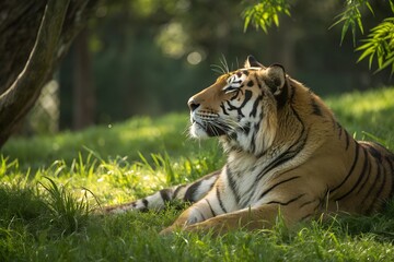 Fototapeta premium A majestic Malayan tiger lies gracefully in the grass, its orange coat with black stripes blending seamlessly with the dappled sunlight filtering through the foliage.