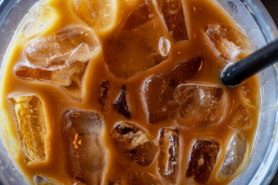 Overhead View of Iced Coffee: Refreshing Beverage with Ice Cubes