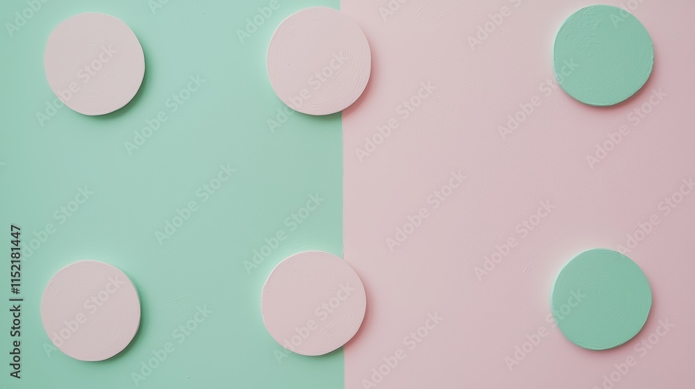Poster pastel pink and green background featuring symmetrical circles creating a visually interesting and m