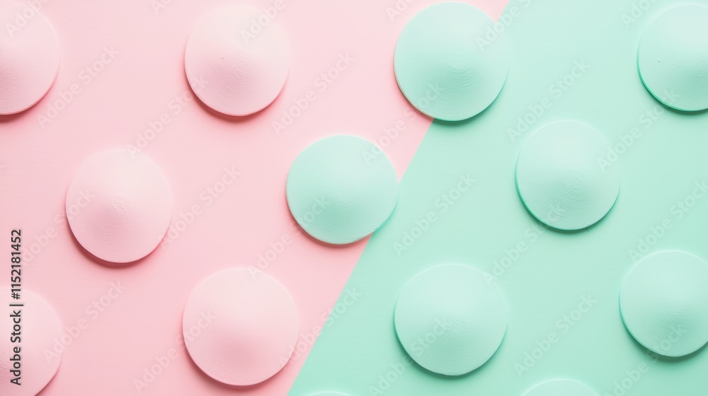 Poster pink and green conical shapes arranged on a split-colored background creating a modern and visually 