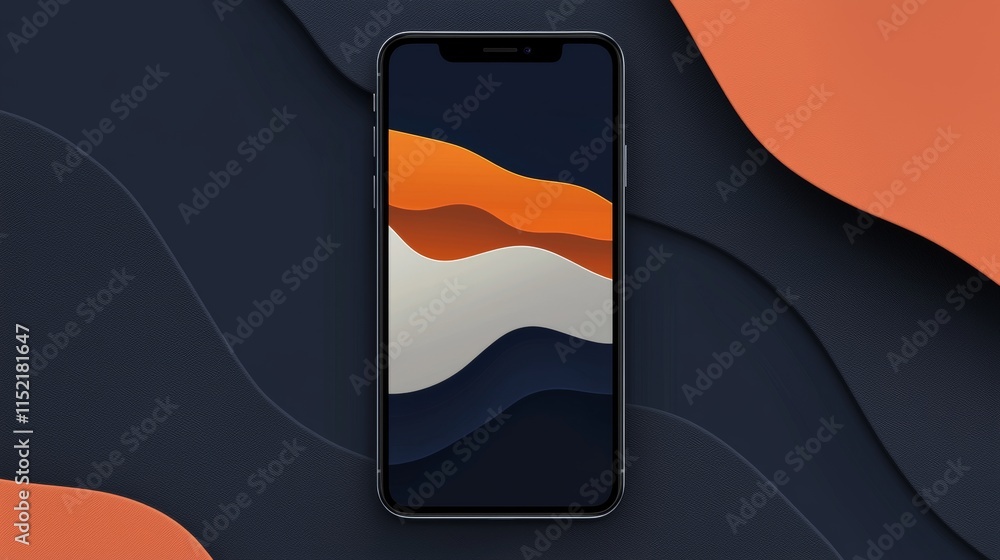 Aufkleber modern smartphone displaying an abstract wallpaper featuring orange and grey wavy shapes layered on 