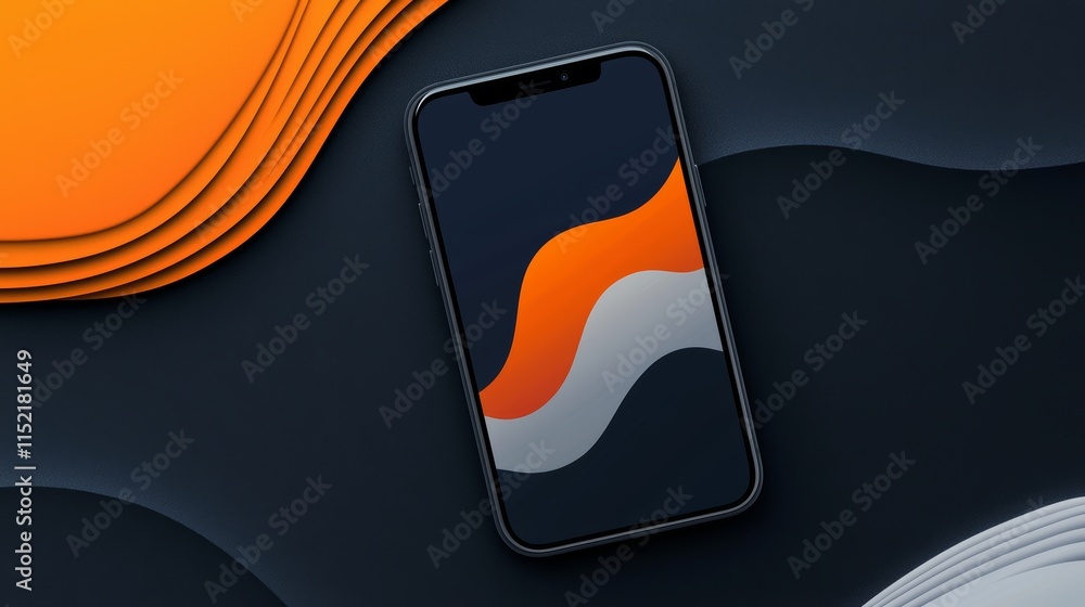 Poster modern smartphone showcasing an abstract wallpaper with orange and grey waves lies on a dark backgro