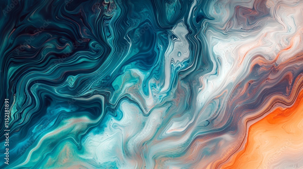 Poster fluid acrylic painting featuring a captivating blend of blue, white, and orange, creating an abstrac