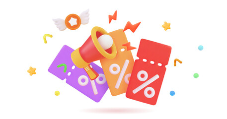 3d megaphone, gift and coupon icon Purple gift surrounded by discount coupons Christmas and exclusive benefits concept