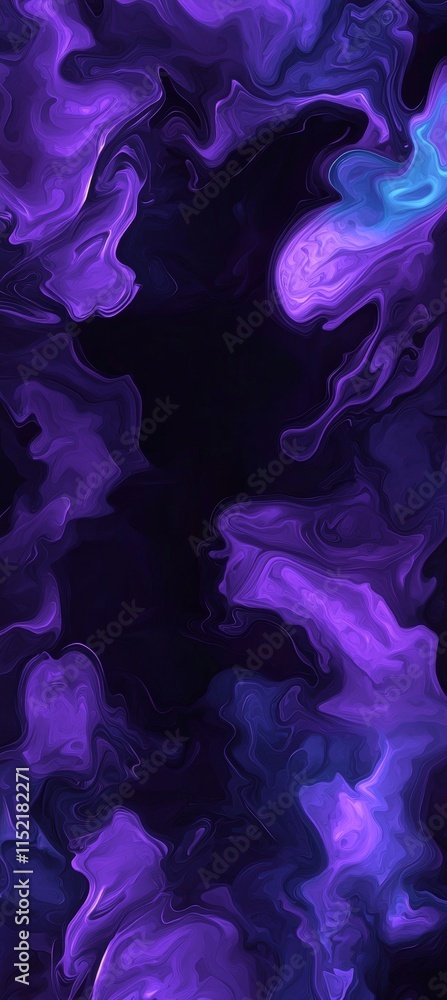 Poster purple and blue swirls intertwine and create an abstract design on a dark background, forming a visu