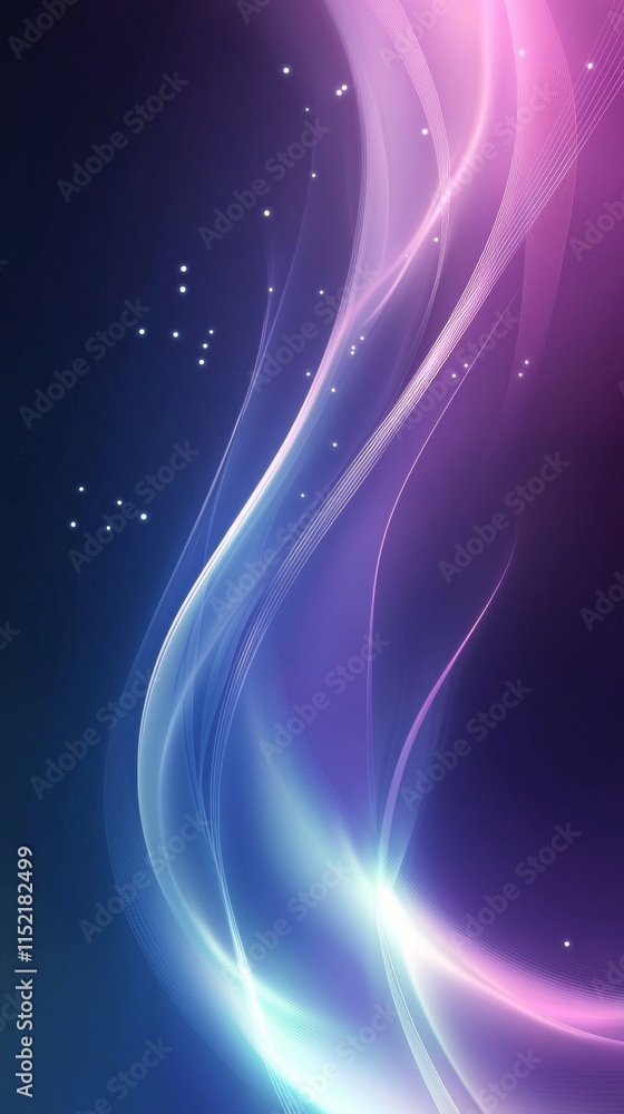 Poster smooth, luminous lines gracefully curve and intertwine against a backdrop of deep blues and purples,