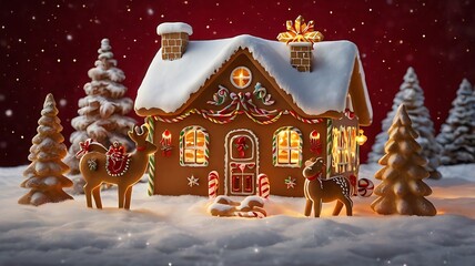 Christmas Gingerbread House in the Snow with Thai Temple Architecture and Golden Decorations