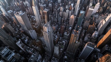 Bird's-eye view of Manhattan skyscrapers, showcasing dense urban architecture, illuminated streets, and towering buildings, captured during twilight in New York City.