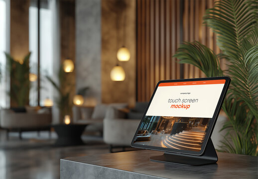 Tablet Screen Mockup on Reception Desk &ndash; Realistic Digital Display Template for Website Presentation, Hotel Services Promotion, or Modern Business Branding