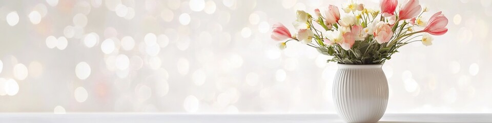 decorative vase filled with spring flowers placed on clean white surface with blurred sparkling background