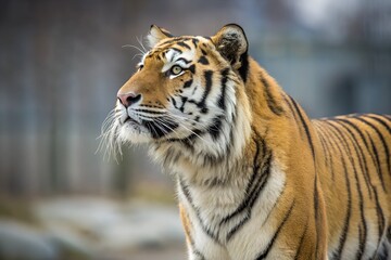 Fototapeta premium A majestic portrait of a tiger, showcasing its intense gaze, vibrant orange fur with black stripes, and powerful presence, set against a lush natural backdrop.