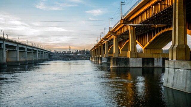 Two parallel bridges crossing a wide river, concrete and steel structures, cloudy sky, calm water.