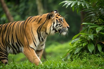 Fototapeta premium A majestic Sumatran tiger prowls stealthily through dense jungle, its striped coat blending seamlessly with shadows, eyes sharp, and muscles poised for the hunt.